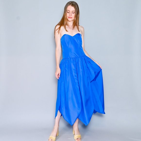 VINTAGE Nancy Bracoloni Blue Strapless Petal Tulip Maxi Dress 1980s